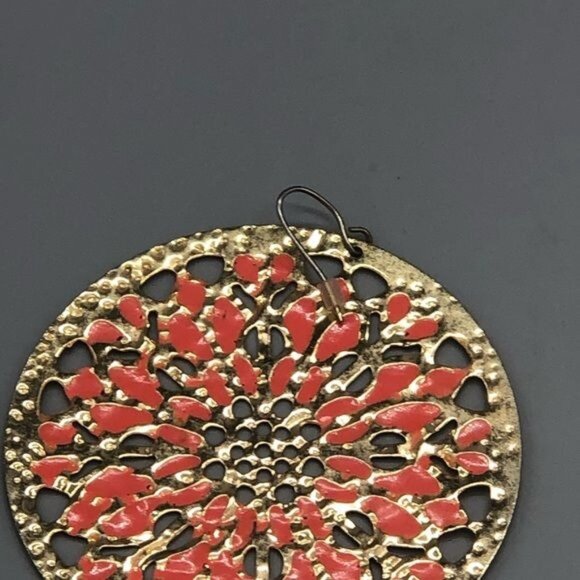 Round big graphic design set 2 gold pink earrings pierced dangle embossed READ - Picture 7 of 10